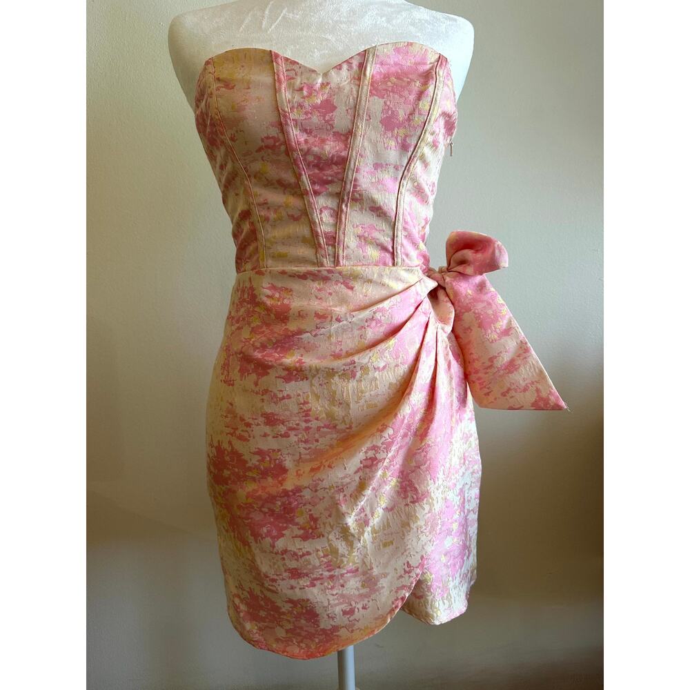 Storia Dress Womens Size S Pink Floral Splotched Embossed Corset Mini Strapless